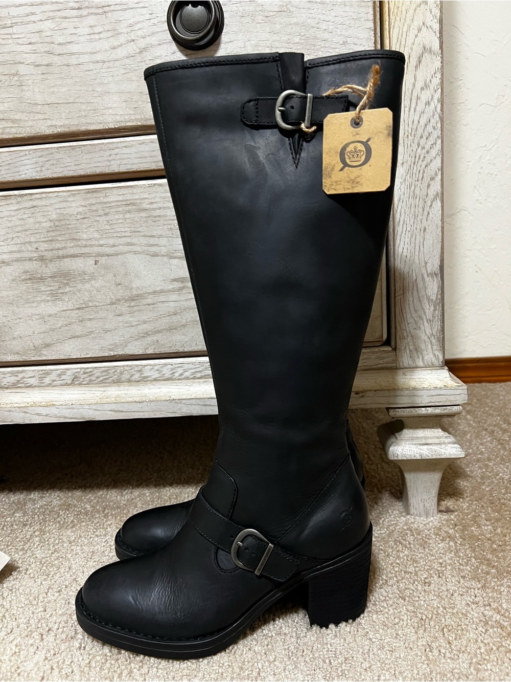Classic Black Leather Knee-High Boot with Buckle Detail - Women